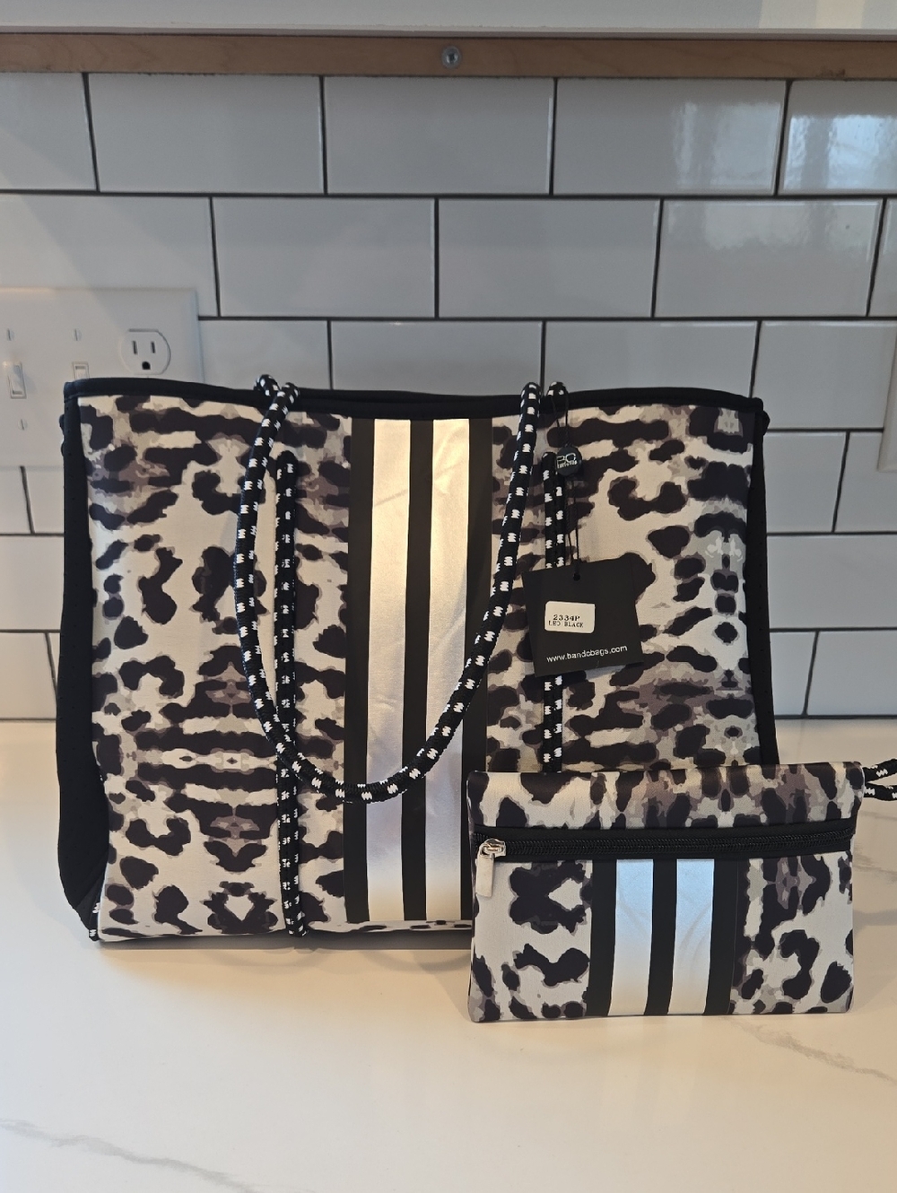 NWT - Neoprene Leopard Tote with Metallic Stripe - Black & White